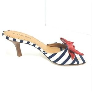 Gianni Bini Nautical With Red Bow Strap Accent Open Toe Kitten Pump Heels US 8